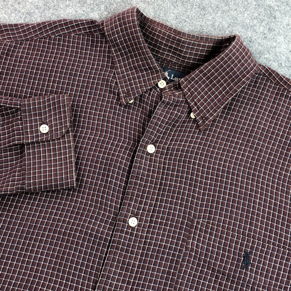 Ralph Lauren Mens Button Up Shirt XL Burgundy Check Blaire Cotton Long Sleeve
